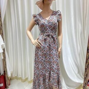 Vestido largo gris con mangas cortas